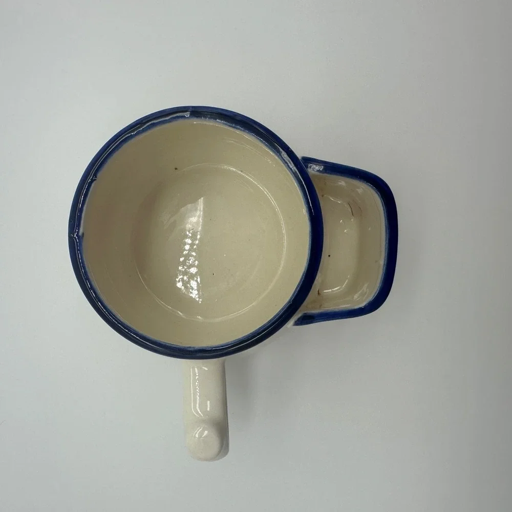 Vintage Ceramic Shaving Cream Mug with Side Brush Pocket Blue Rim Cream Pottery